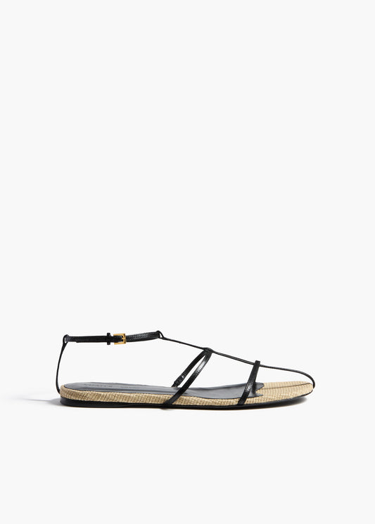 Cage Flat Sandal in Natural Raffia with Black Leather