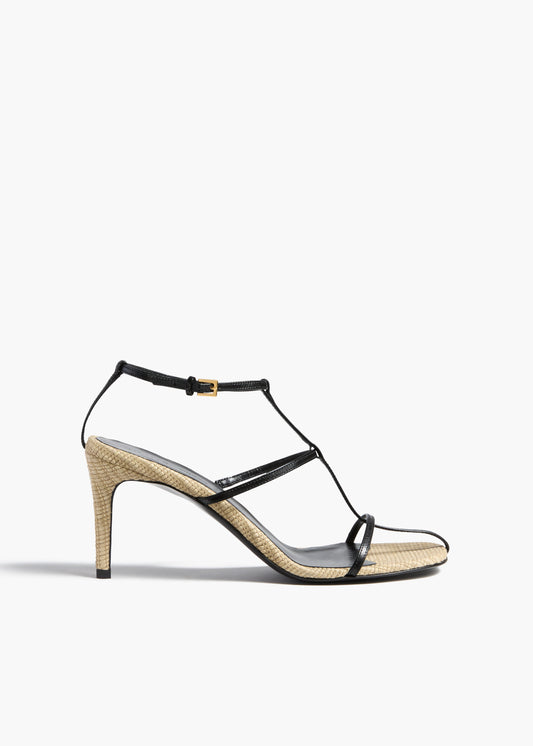 Cage Sandal in Natural Raffia with Black Leather